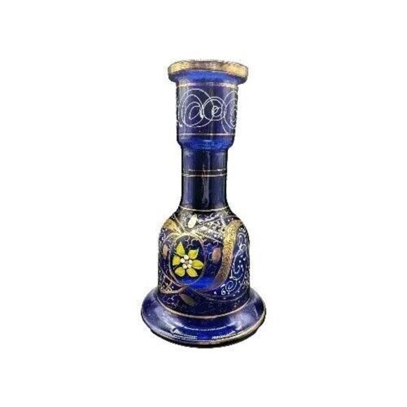 Vintage Persian Cobalt Blue Glass Decanter Vase 11.5 " Handpainted EUC - Picture 2 of 7